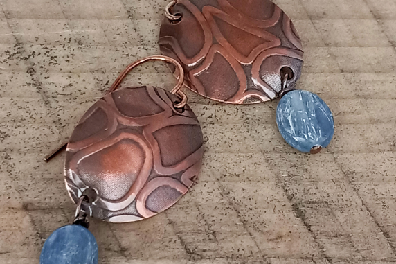 Textured Copper Blue Kyanite Earrings Handmade