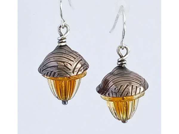 Handmade Acorn Earrings, Glass and Copper, Forged Metal