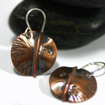 Hammered Copper Earrings with Oxidized Patina - Fold Formed Copper Earrings - Textured Earthy and Casual