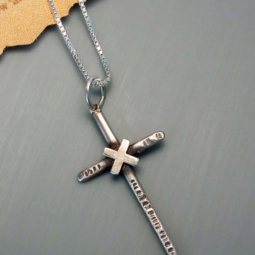 Silver Christian Cross Pendant - Hammer textured with Oxidized Patina - Petite on Box Chain