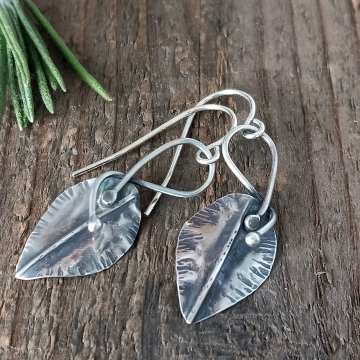 Silver Leaf Earrings - Handmade Rustic Leaf Jewelry