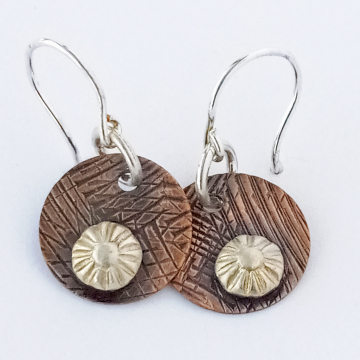 Textured Mixed Metal Earrings, Copper and Silver Disc Dangles