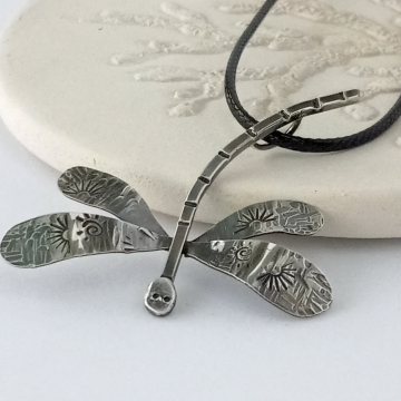Silver Dragonfly Pendant - Large Insect Jewelry