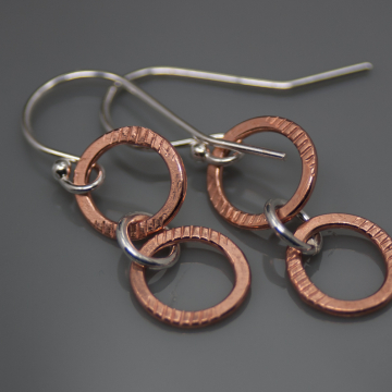 Tiny Copper and Silver Circle Earrings - Mixed Metal Drops