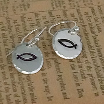 Ichthys Fish Earrings - Handmade Stamped Silver Disc Earrings - Christian Faith Earrings