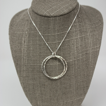 Entwined Silver Hoop Pendant on a Box Chain - Hammered Texture Circle Pendant