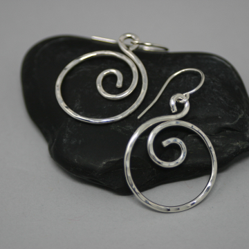 Silver Spiral Earrings with a Hammered Finish - Large Size Yoga Inspired Earrings