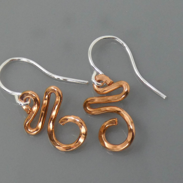 Swirly Curly Earrings in Silver or Copper - Hammered Little Dangles - Dainty Earrings for Women and Girls