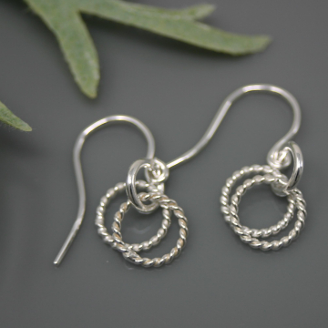 Double Circle Twisted Silver Earrings - Silver Twisted  Ring Dangles - Gift for Girls and Women - Teeny Tiny Drop Earrings
