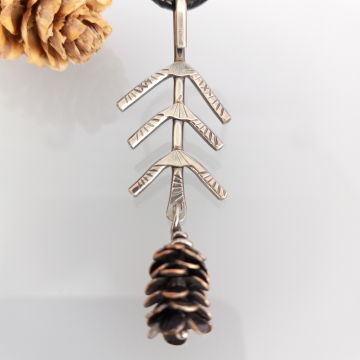 Pine Branch Pine Cone Pendant - Mixed Metal Woodland Necklace