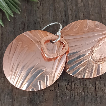 Copper Disc Earrings - Textured with a Fern Print - Medium Size