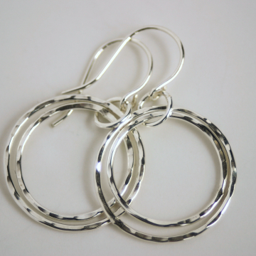 Double Hoop Earrings Crafted in Sterling Silver - Hammered Light Weight and Nickel Free Dangles