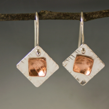 Contemporary Mixed Metal Layered Earrings - Copper and Sterling Textured Dangles